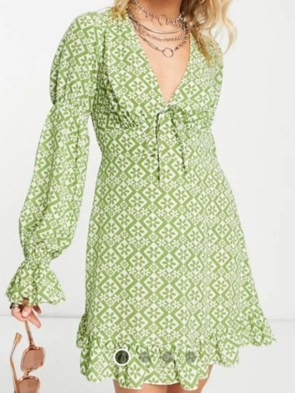 ASOS Green and White Retro Flower Long Sleeve Printed Dress NWT Sz 8